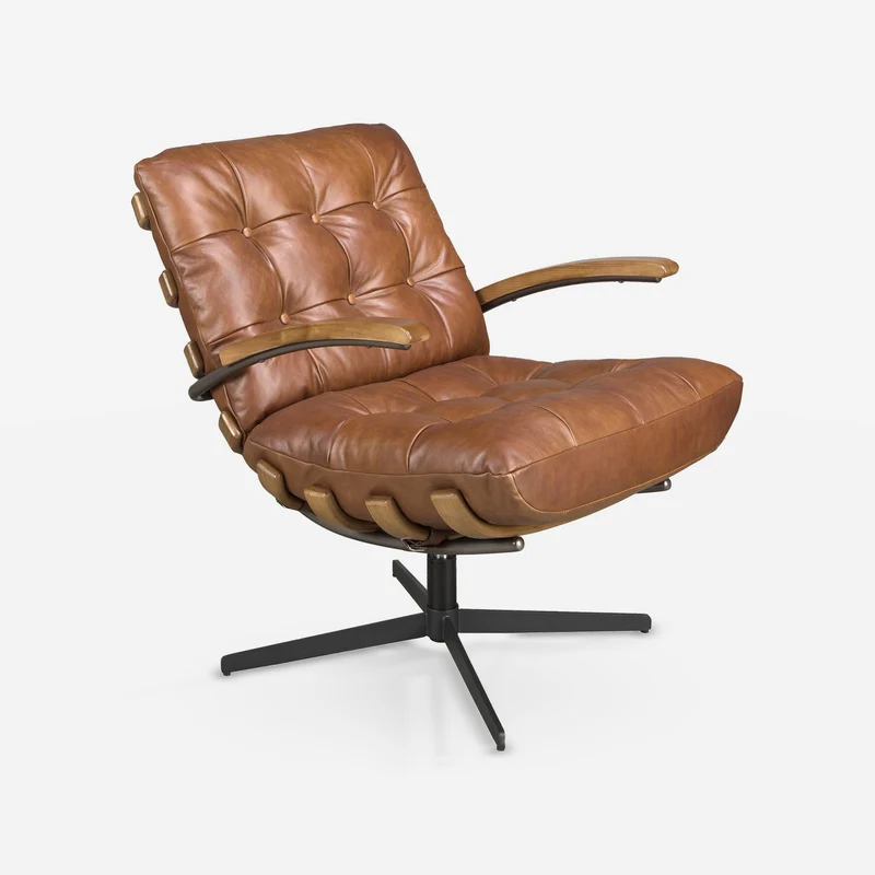 Swivel chair in dark brown leather and walnut