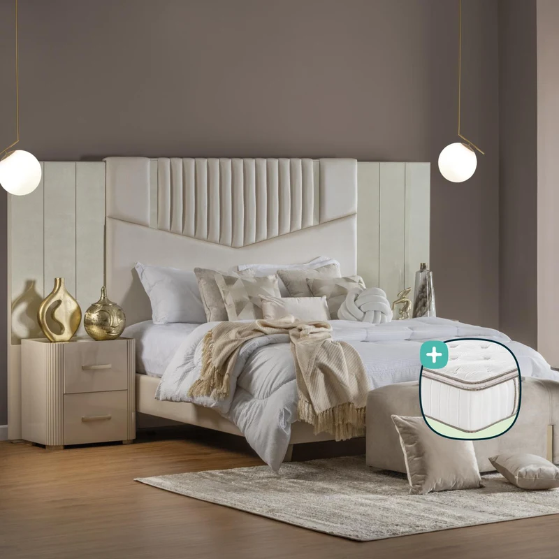 Combo Cama Queen Sabina Off White, Champaña, Beige + Colchón Silenzio Deluxe Pillow Top