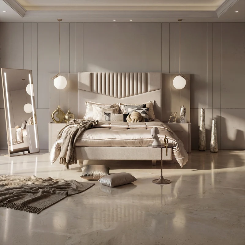 Combo Cama Queen Sabina Off White, Champaña, Beige + Colchón Silenzio Deluxe Pillow Top
