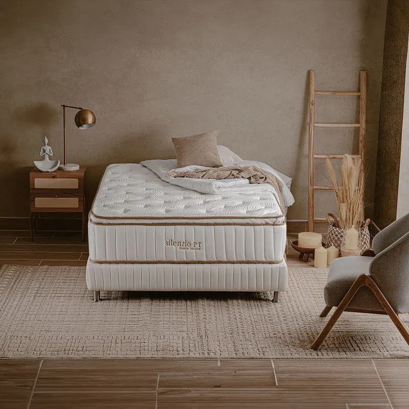 Combo Cama Queen Sabina Off White, Champaña, Beige + Colchón Silenzio Deluxe Pillow Top