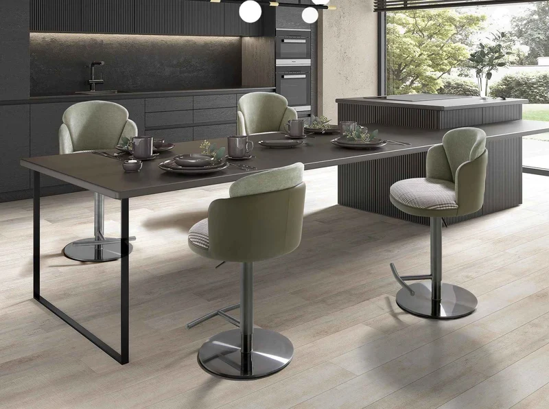 Swivel stool dark green and white fabric and olive green faux leather