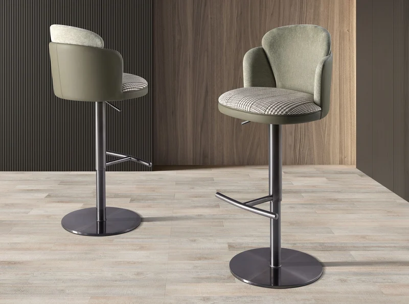 Swivel stool dark green and white fabric and olive green faux leather