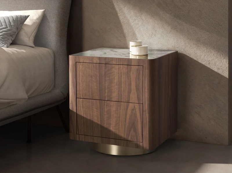 Walnut nightstand, polished gold steel, and porcelain marble top