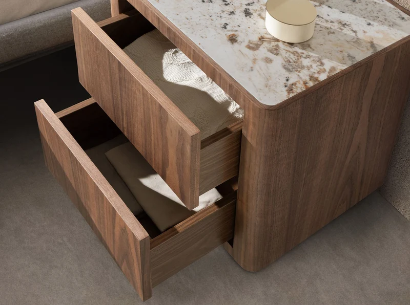 Walnut nightstand, polished gold steel, and porcelain marble top