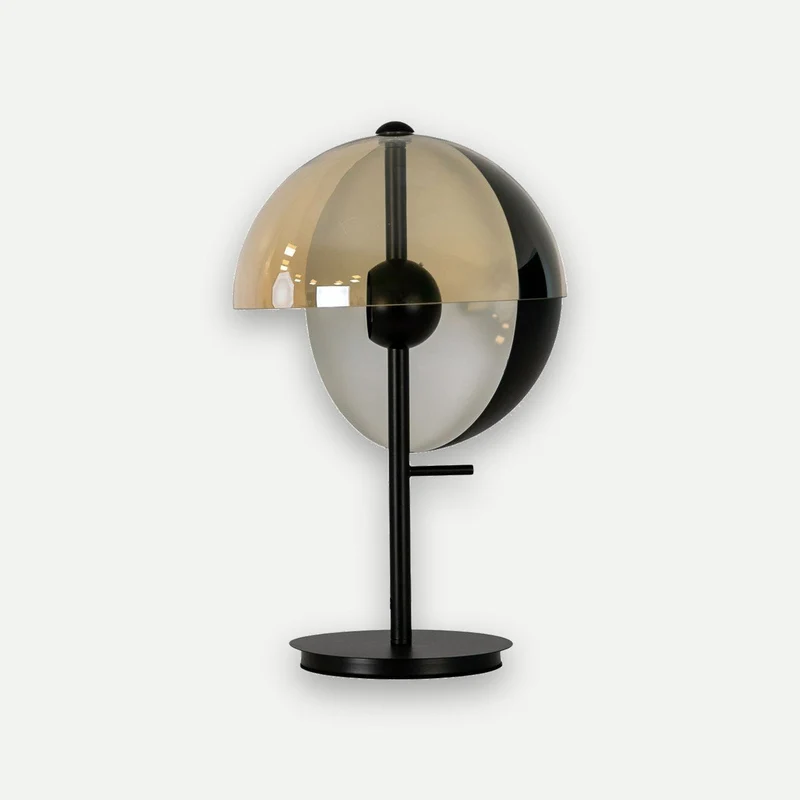 Smoked amber glass and black and white steel table lamp with black steel base