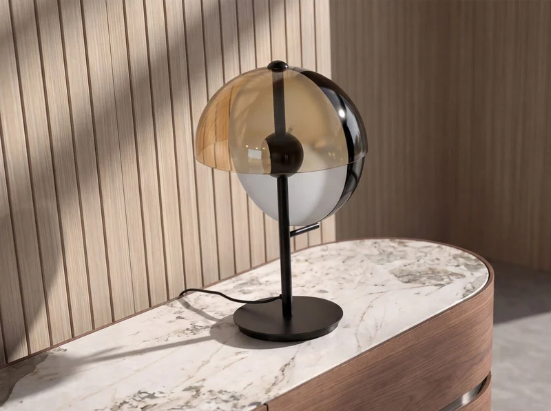 Smoked amber glass and black and white steel table lamp with black steel base