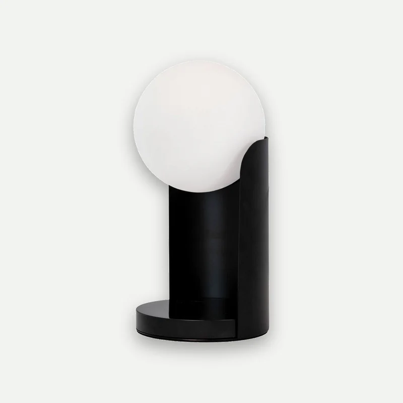 White glass and black steel table lamp
