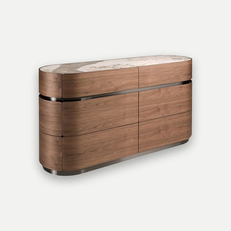 Walnut chest of drawers, blackened steel base and porcelain stoneware top