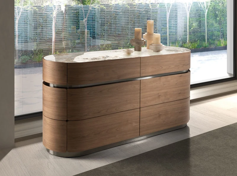 Walnut chest of drawers, blackened steel base and porcelain stoneware top