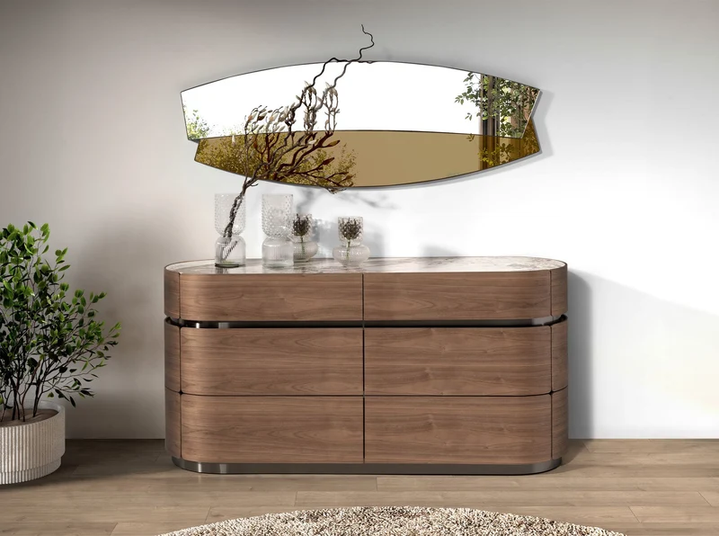Walnut chest of drawers, blackened steel base and porcelain stoneware top