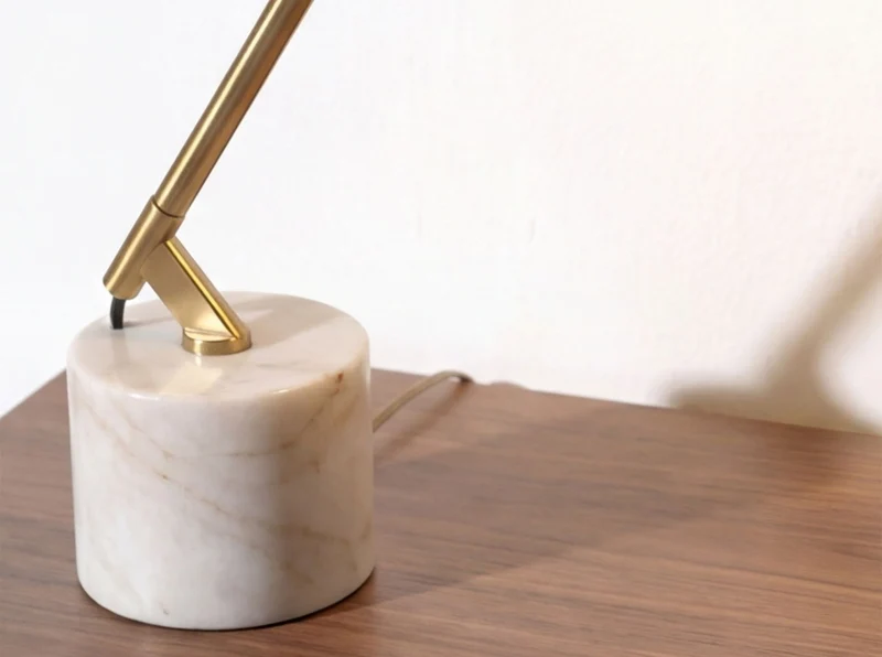 White steel and polished gold steel table lamp with porcelain marble base