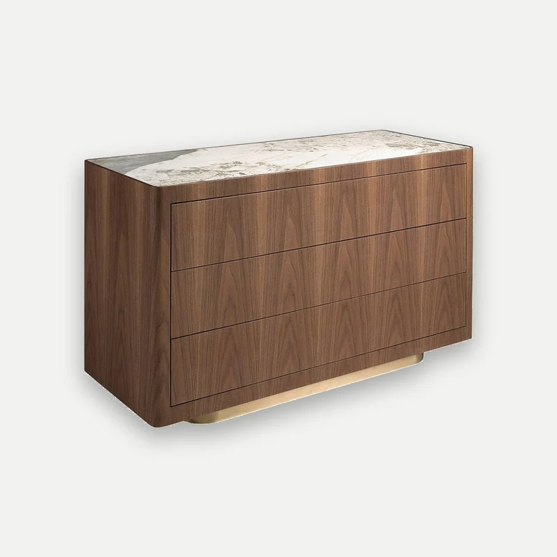 Chest of drawers in walnut, polished gold steel, and porcelain marble top