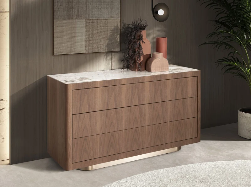 Chest of drawers in walnut, polished gold steel, and porcelain marble top