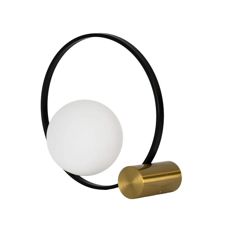 White glass and black steel table lamp with polished gold steel base