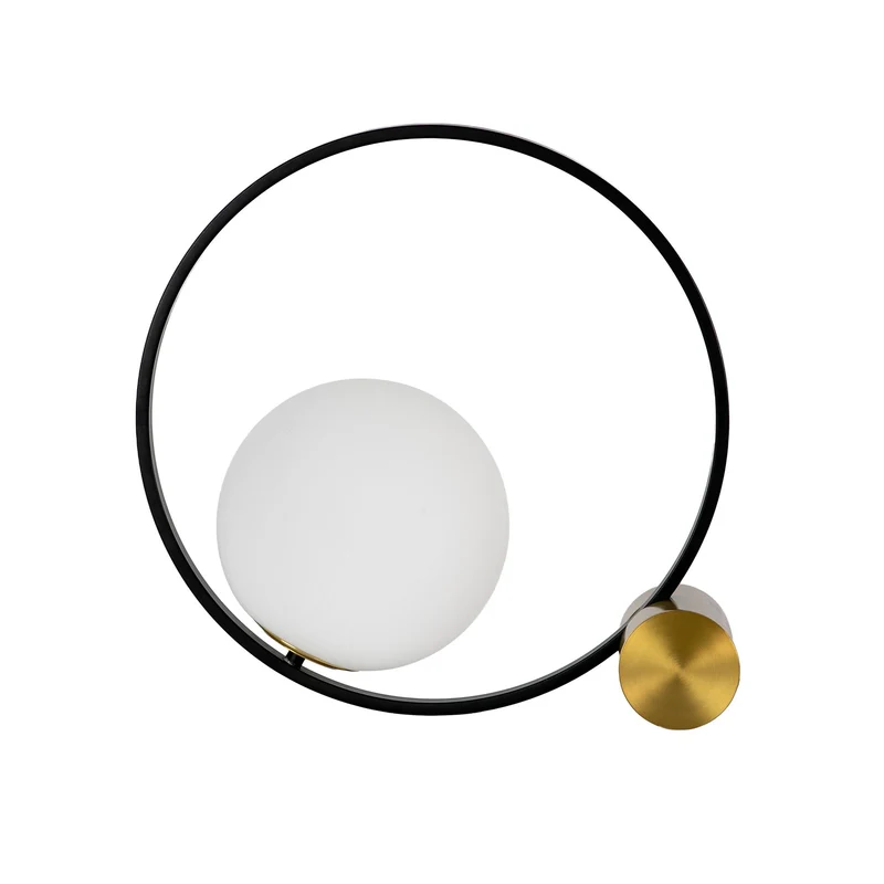 White glass and black steel table lamp with polished gold steel base