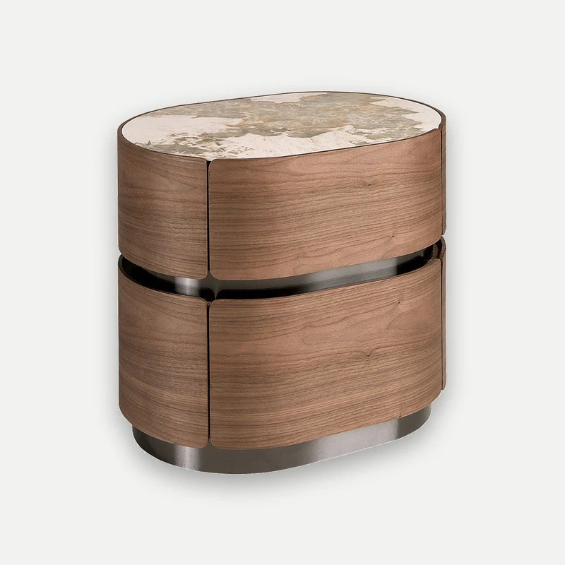 Walnut nightstand, blackened steel base, and porcelain marble top
