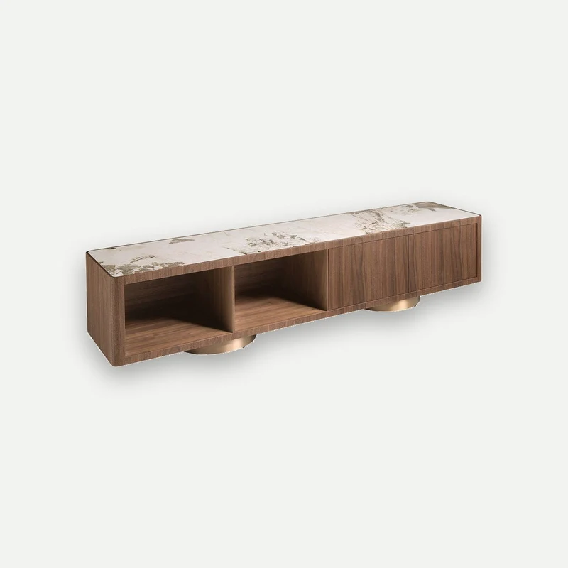 Walnut TV cabinet, polished gold steel, and porcelain marble top
