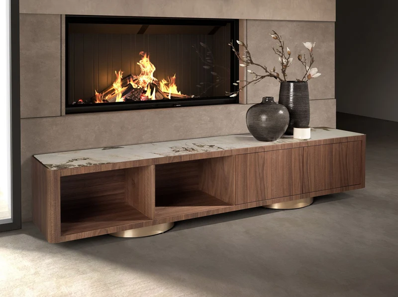 Walnut TV cabinet, polished gold steel, and porcelain marble top
