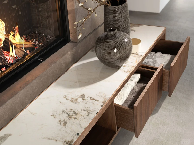 Walnut TV cabinet, polished gold steel, and porcelain marble top