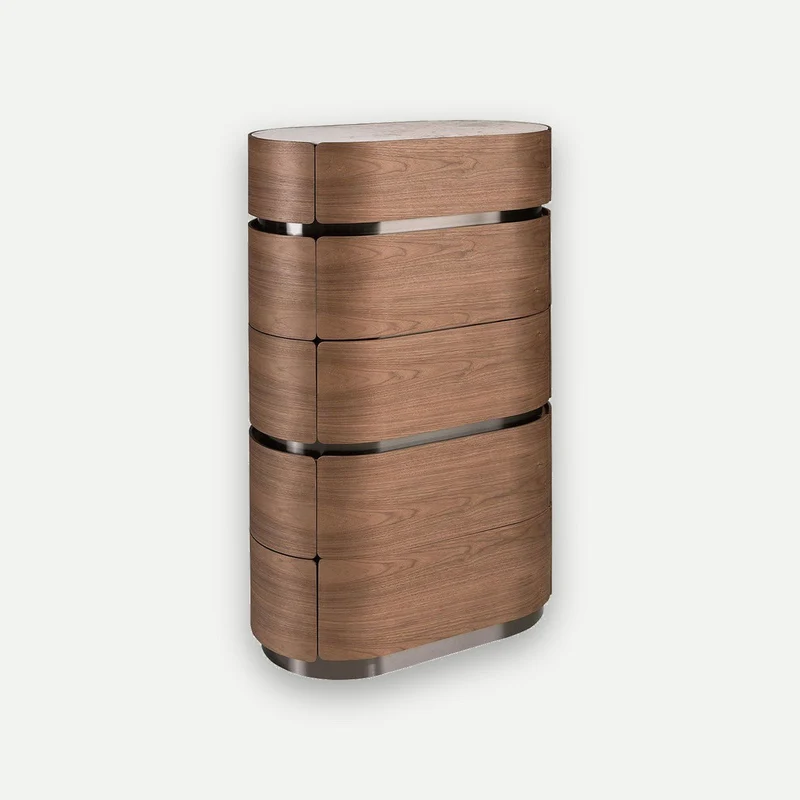 Walnut chiffonier, darkened steel base and porcelain marble top