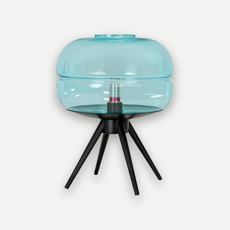Blue glass and black steel table lamp