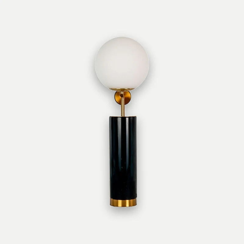 White glass and polished gold steel table lamp with a porcelain marble base