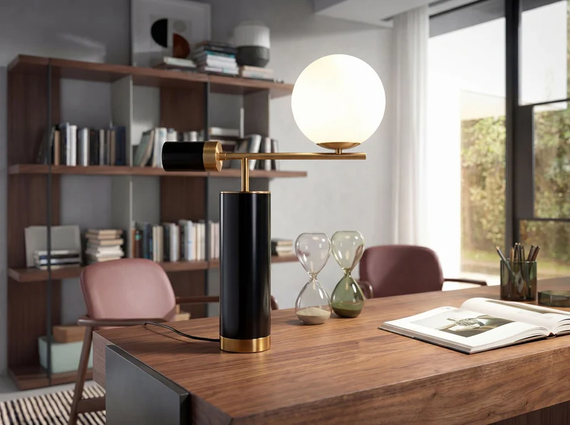 White glass and polished gold steel table lamp with a porcelain marble base