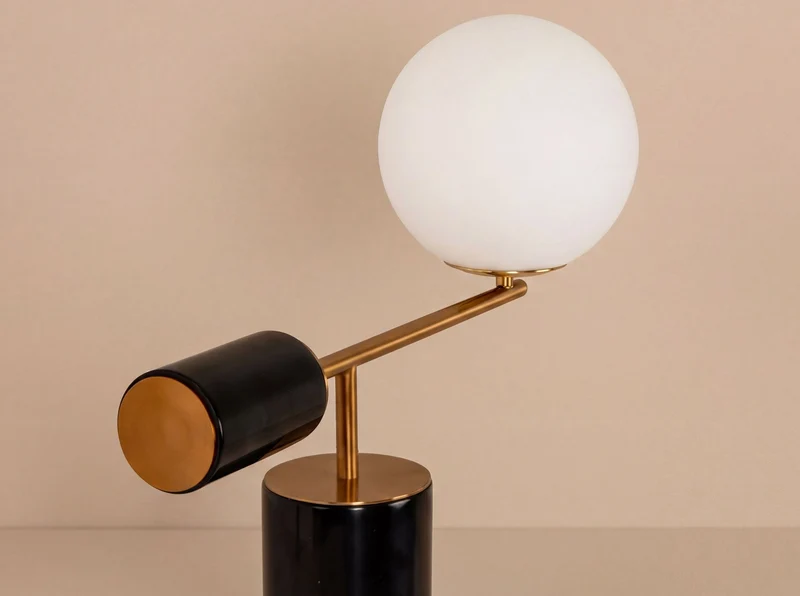 White glass and polished gold steel table lamp with a porcelain marble base
