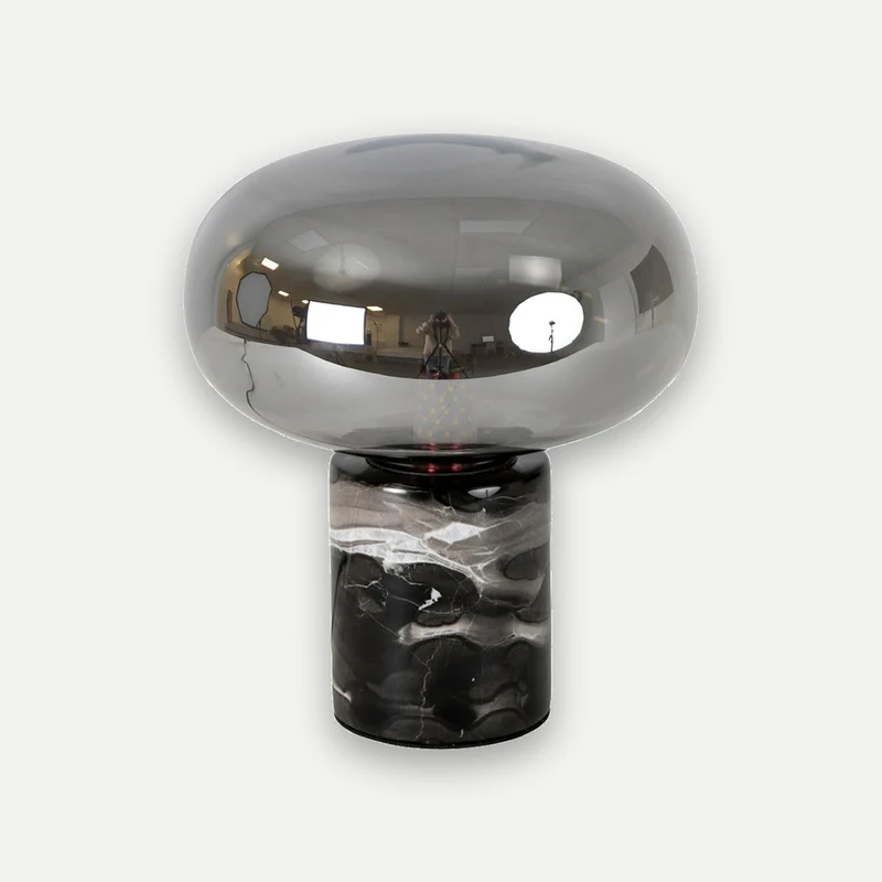 Smoked grey mirrored glass and porcelain marble table lamp
