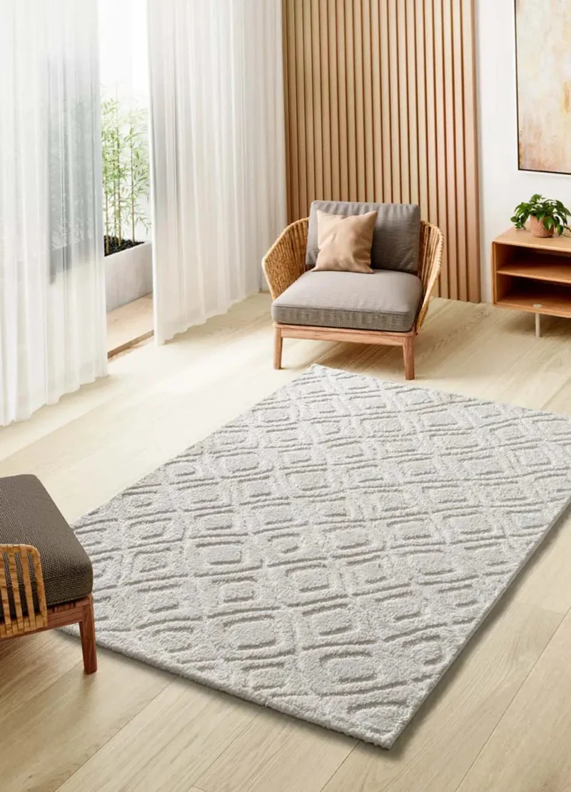 Juno 111 Scandinavian style rug with embossed pattern in white