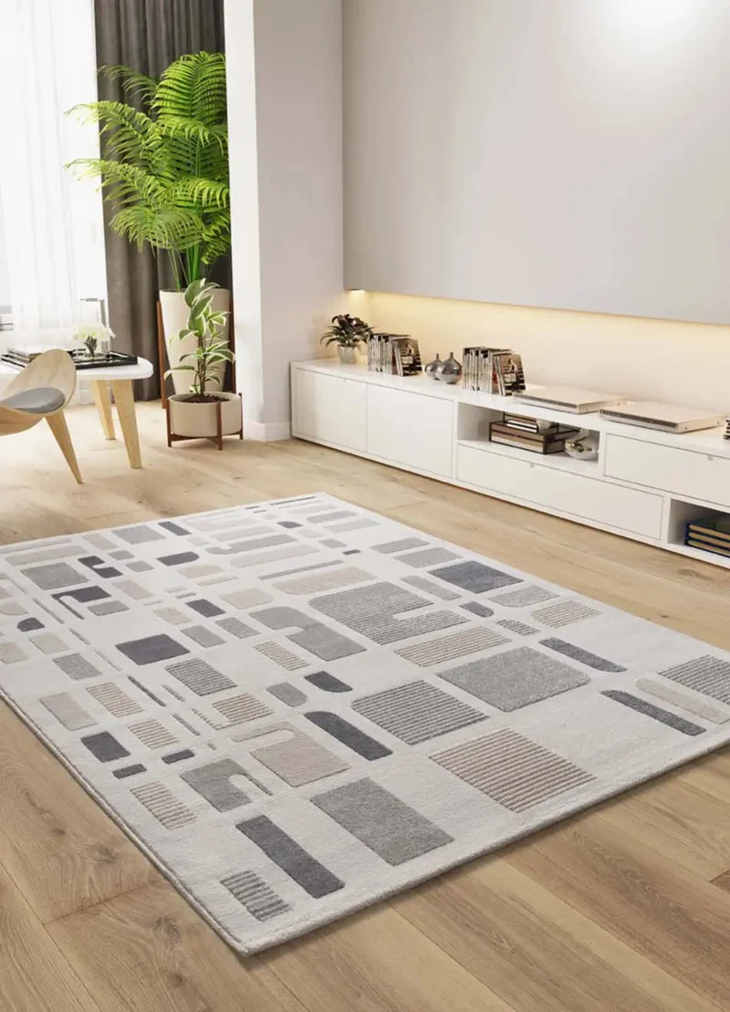 Flora 12955 geometric-style rug with embossed silver color