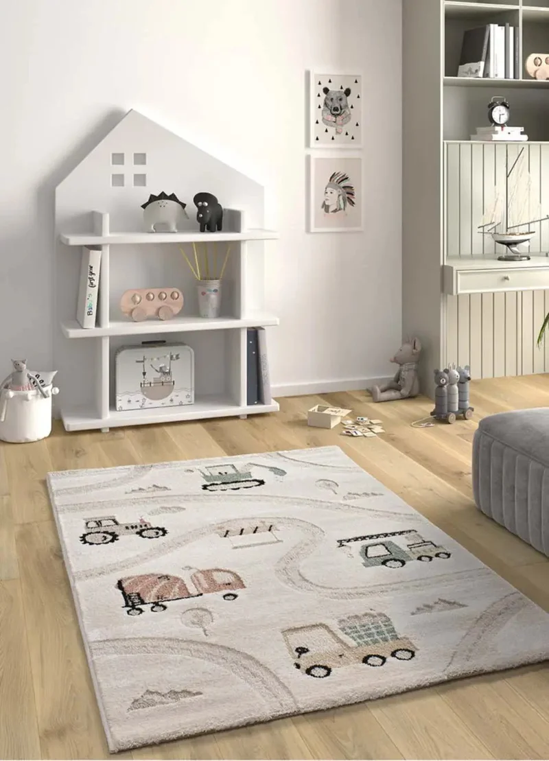 Clown children's rug 2346 with cars and roads in multicolor