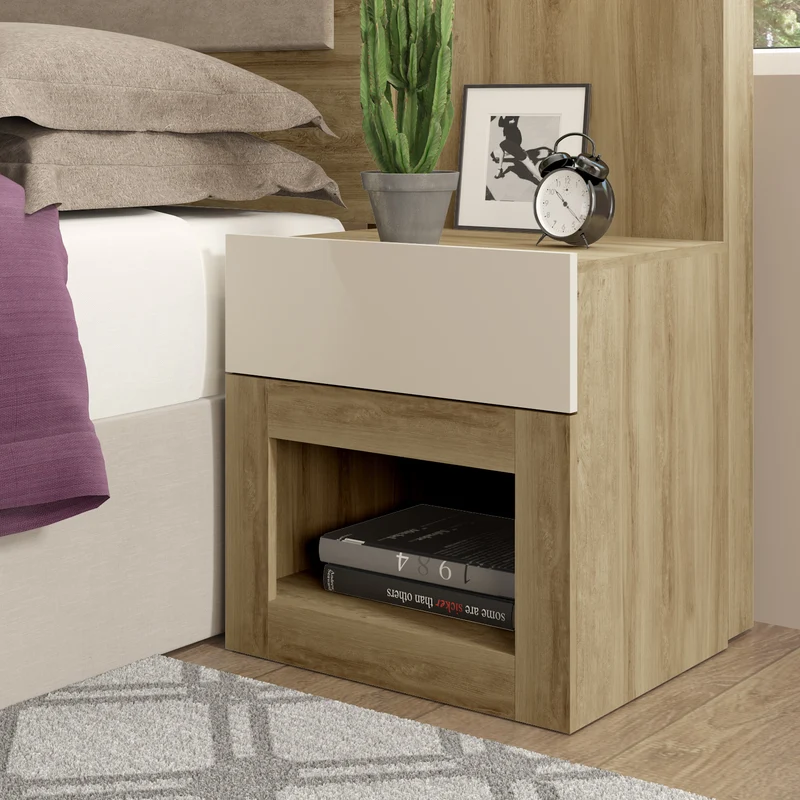 Combo Cama Doble Vallarta Eurolino Gris, Natural + Colchon Lexus Deluxe Pt + Nochero Broadway Natural Off White