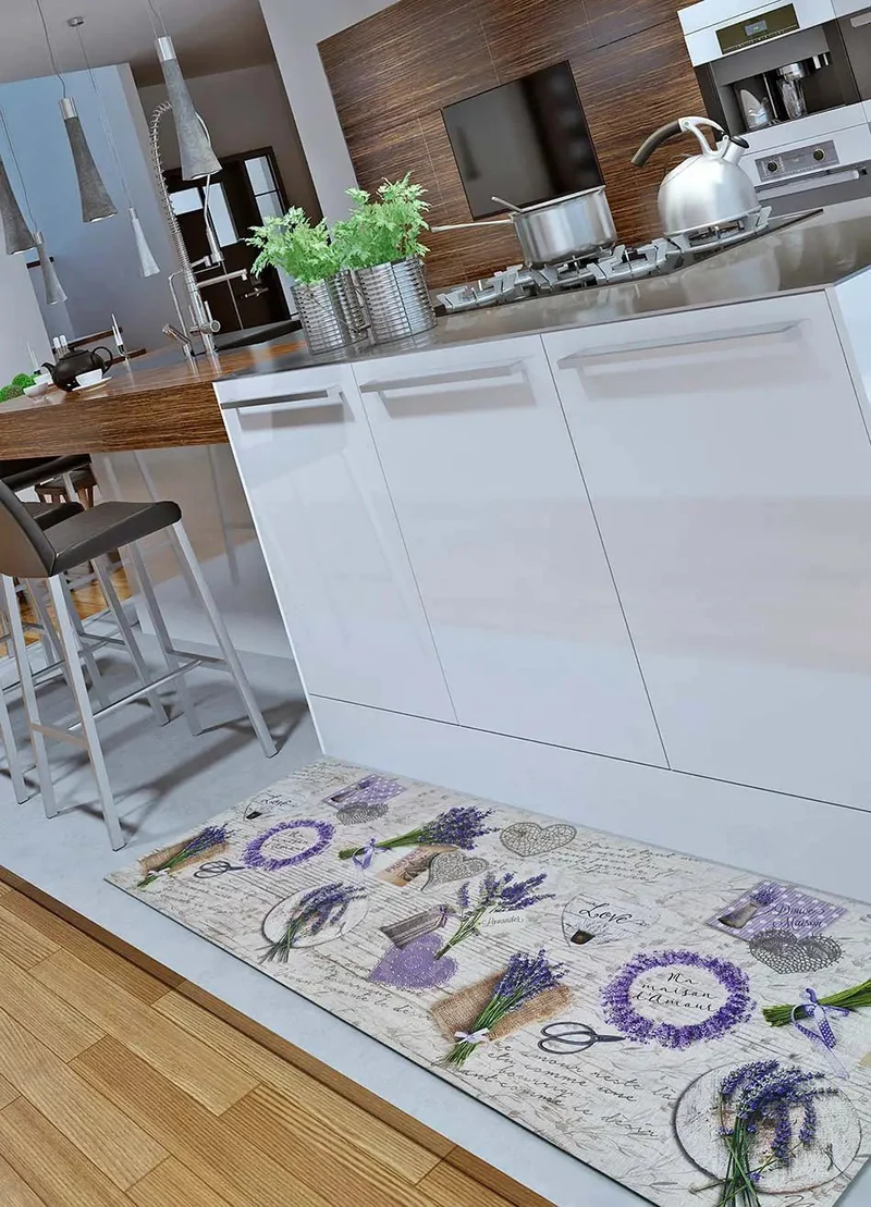 Sprinty Provence kitchen rug with floral print, purple