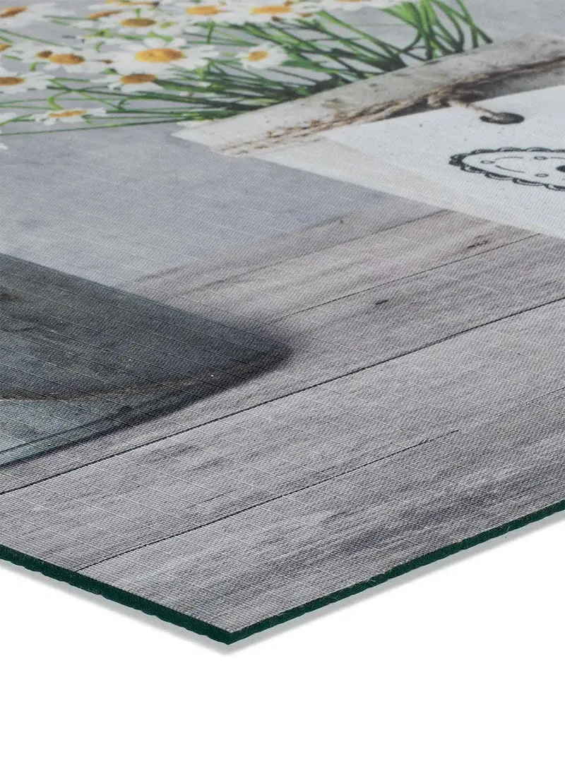 Sprinty Camomilla kitchen rug with floral print, grey