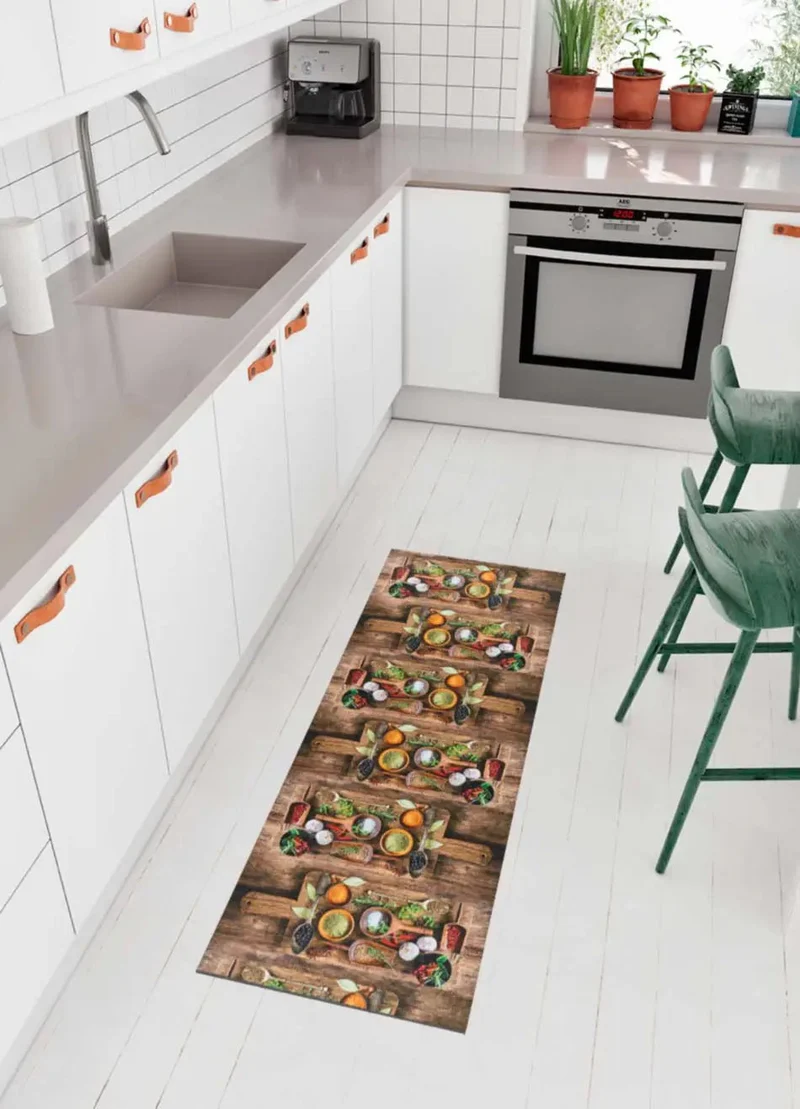 Ricci Herbs kitchen rug with rustic print, multicolour