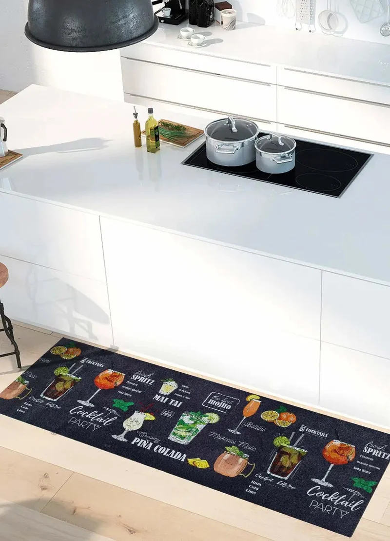 Ricci Pub kitchen rug with modern print, black