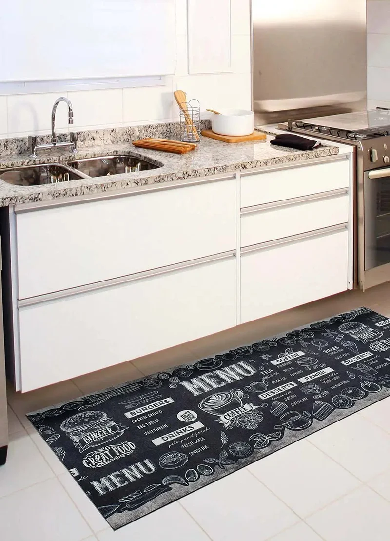 Ricci Menu kitchen rug with modern print, black
