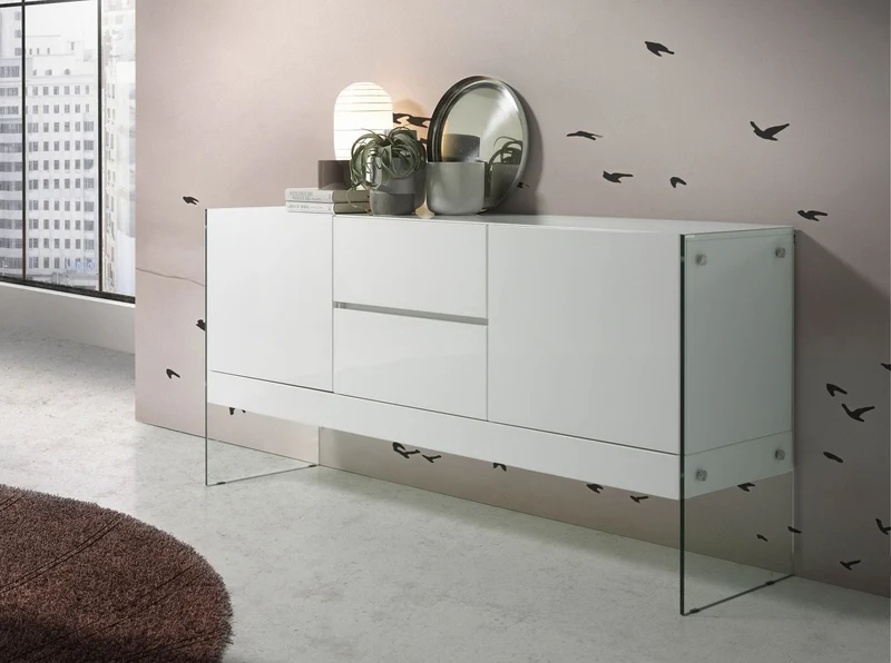 White wood and tempered glass sideboard