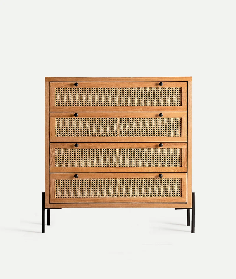 ZETEL chest of drawers with 4 drawers in rattan and black metal legs