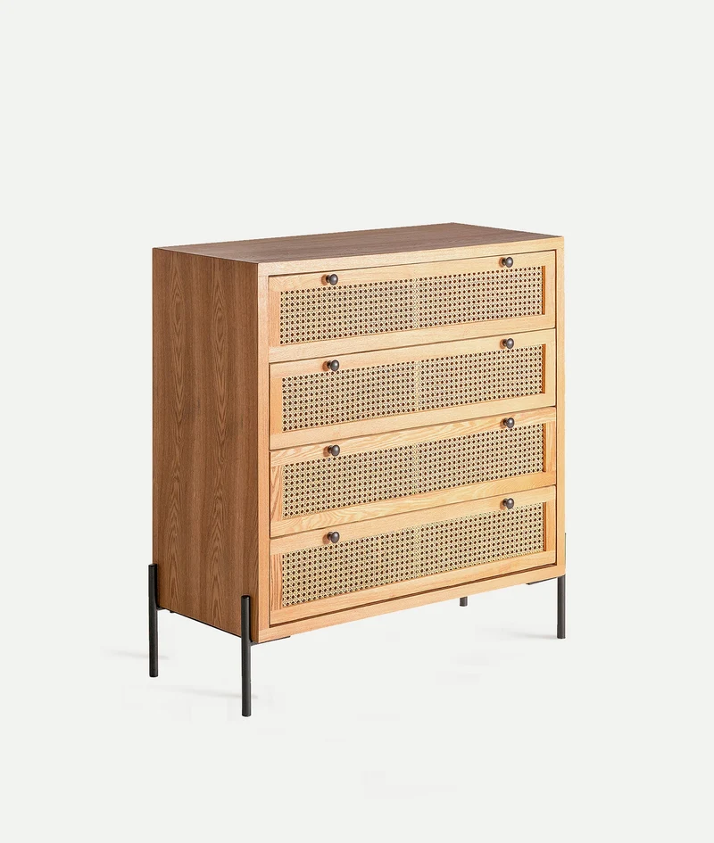 ZETEL chest of drawers with 4 drawers in rattan and black metal legs