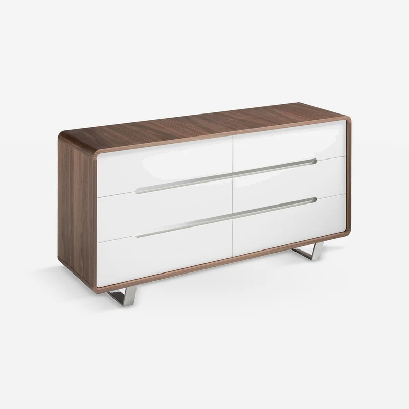 Chest of drawers in white, walnut and chrome-plated steel