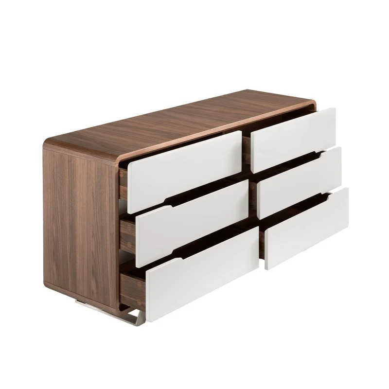 Chest of drawers in white, walnut and chrome-plated steel