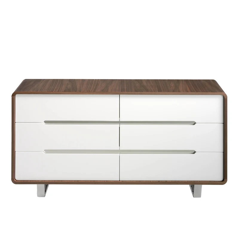 Chest of drawers in white, walnut and chrome-plated steel