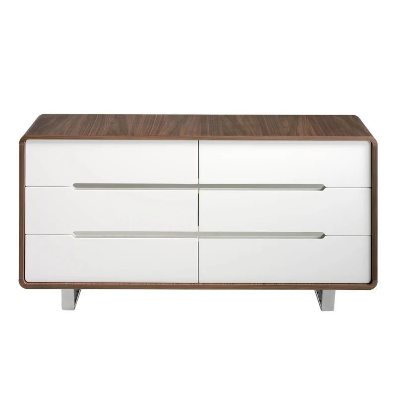 Chest of drawers in white, walnut and chrome-plated steel