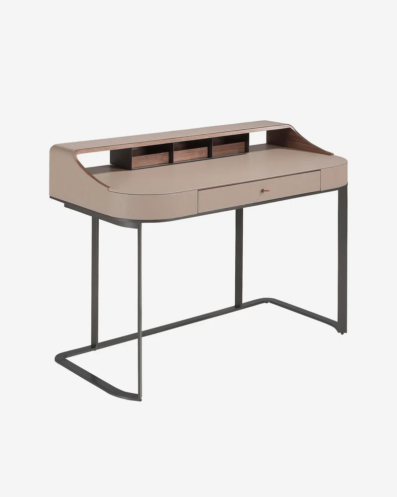 Faux leather, walnut and grey steel dressing table desk