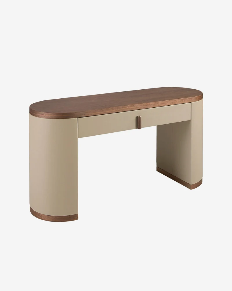 Faux leather dressing table desk, walnut and wood upholstered in mink faux leather