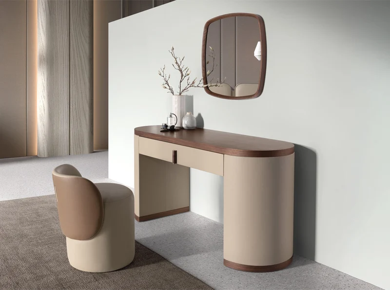 Faux leather dressing table desk, walnut and wood upholstered in mink faux leather