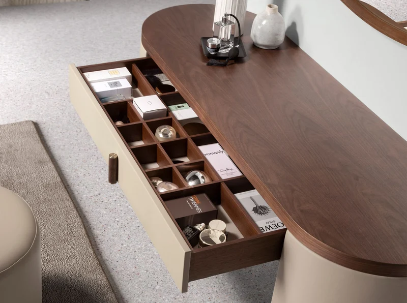 Faux leather dressing table desk, walnut and wood upholstered in mink faux leather