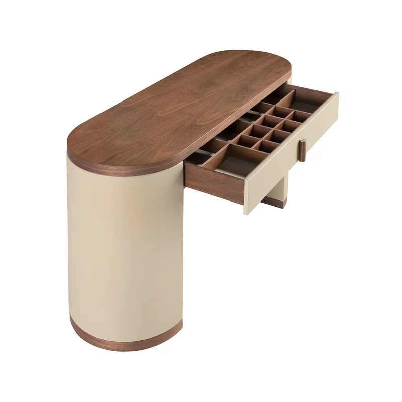 Faux leather dressing table desk, walnut and wood upholstered in mink faux leather